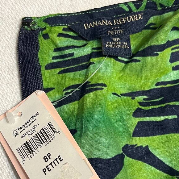 Banana Republic 8P Petite Linen Blend Dress – Green Tropical Leaf Print Sheath - Picture 4 of 11